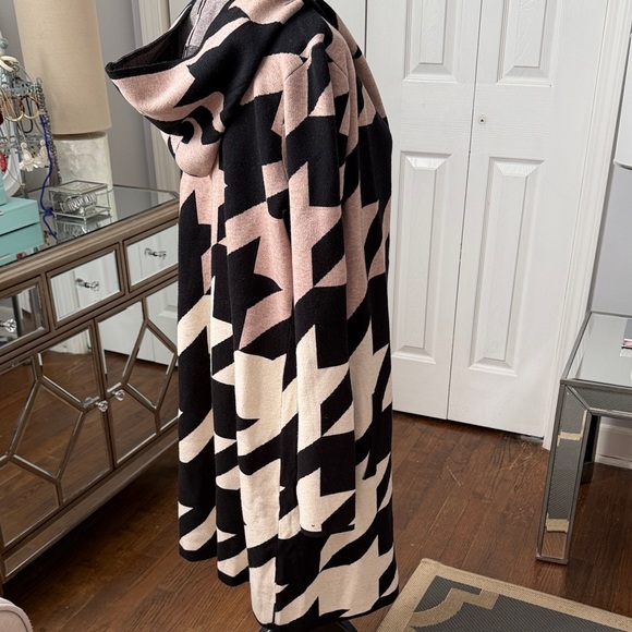 Belldini Black, Beige & Cream Long Houndstooth Hooded Cardigan M - Picture 3 of 8